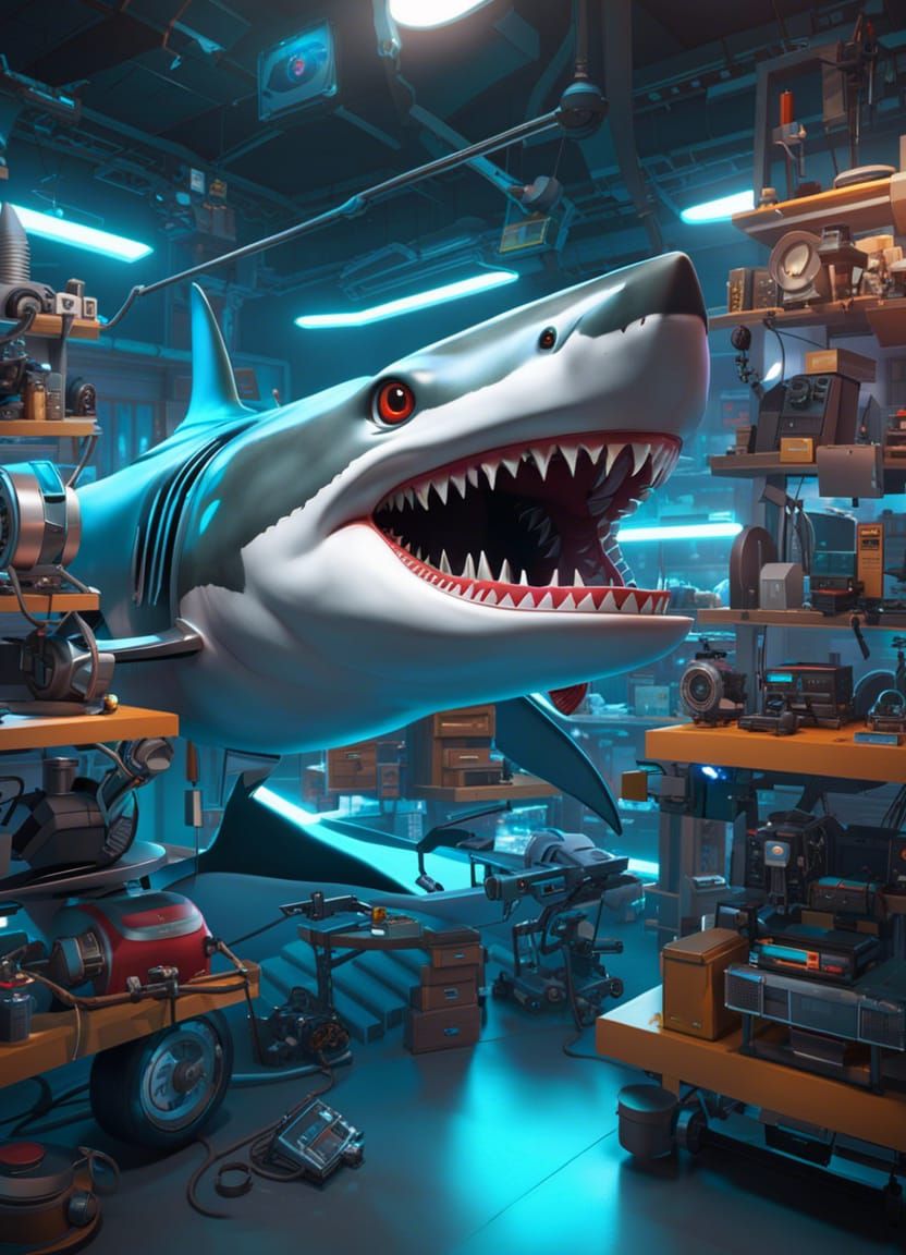 Angry Shark Mechanic Repairs Future Car in Neon Style