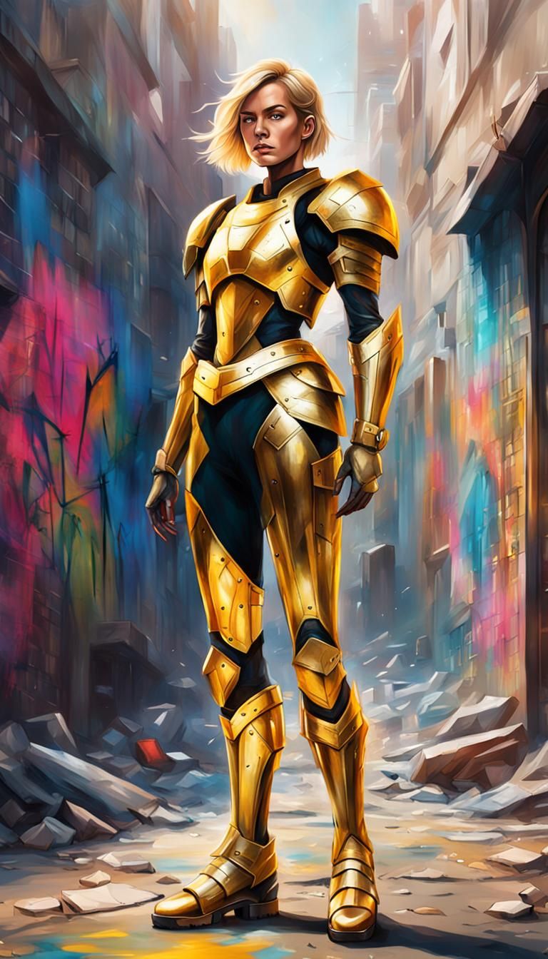 Golden Armored Woman Knight in Graffiti Pop Art