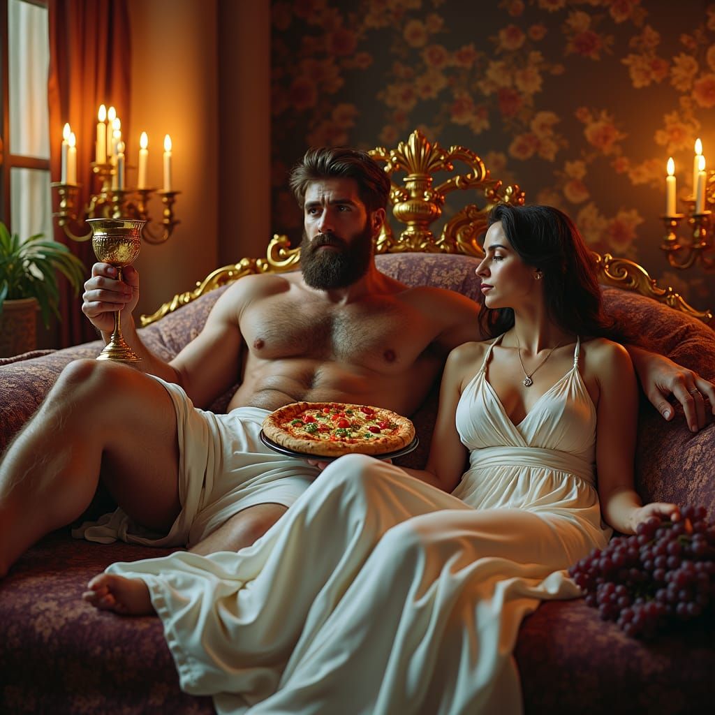 Greek God Enjoys Pizza in Opulent Setting
