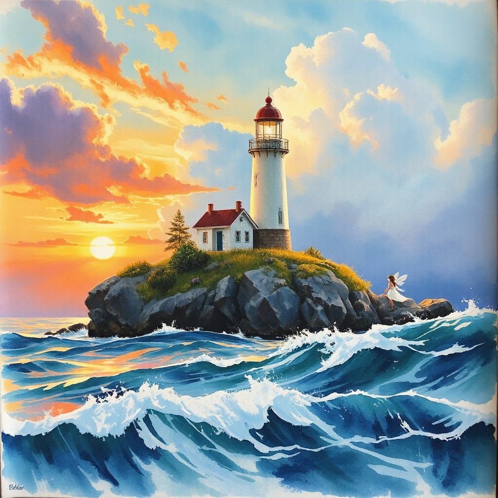 Mystical Island Lighthouse: Gouache Watercolor Painting