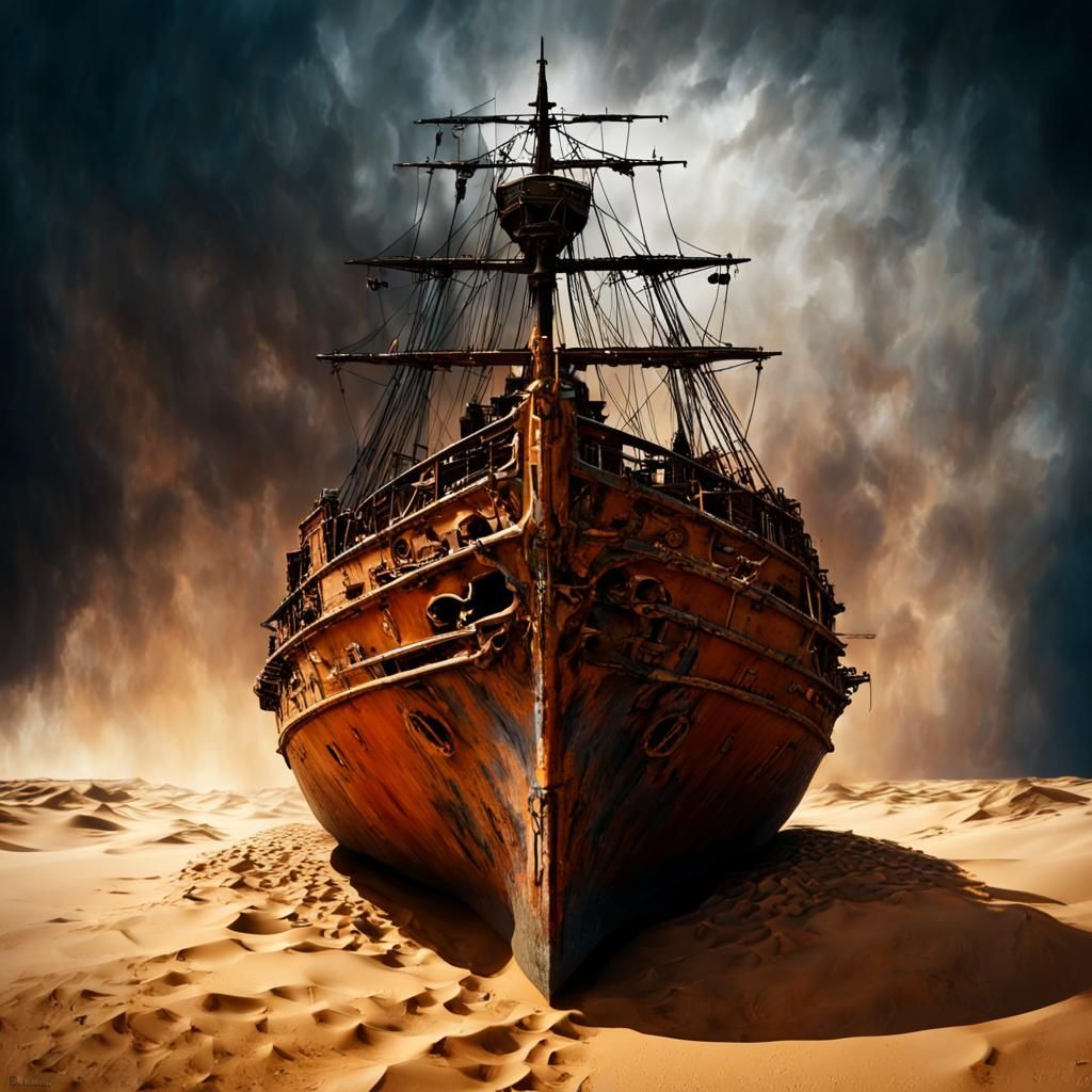 Rusting Pirate Ship in Desert Storm