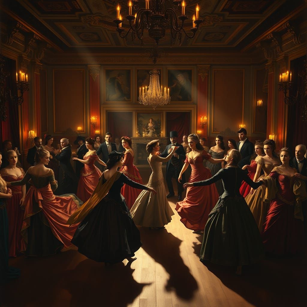 Masked Figures Waltz in Grand Baroque Ballroom