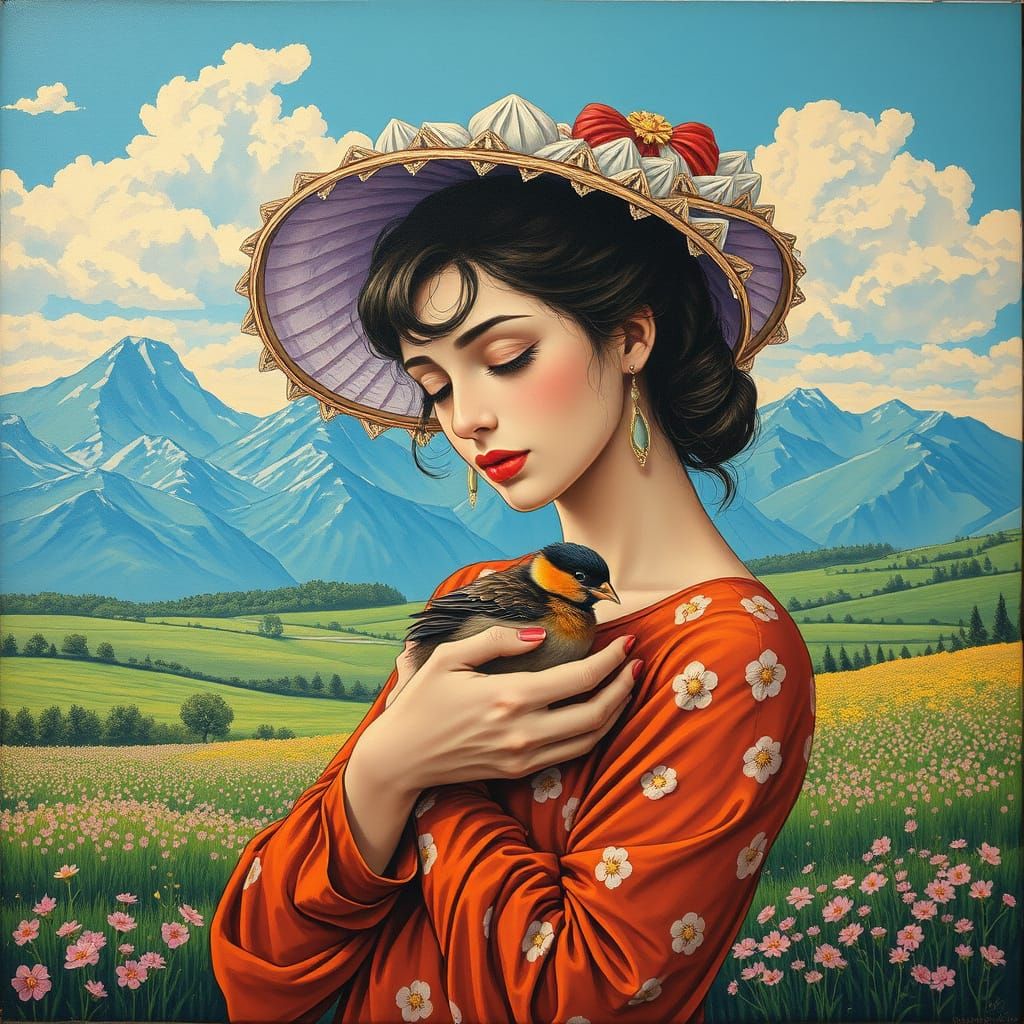 Woman with Golden Chick in Polychromatic Landscape
