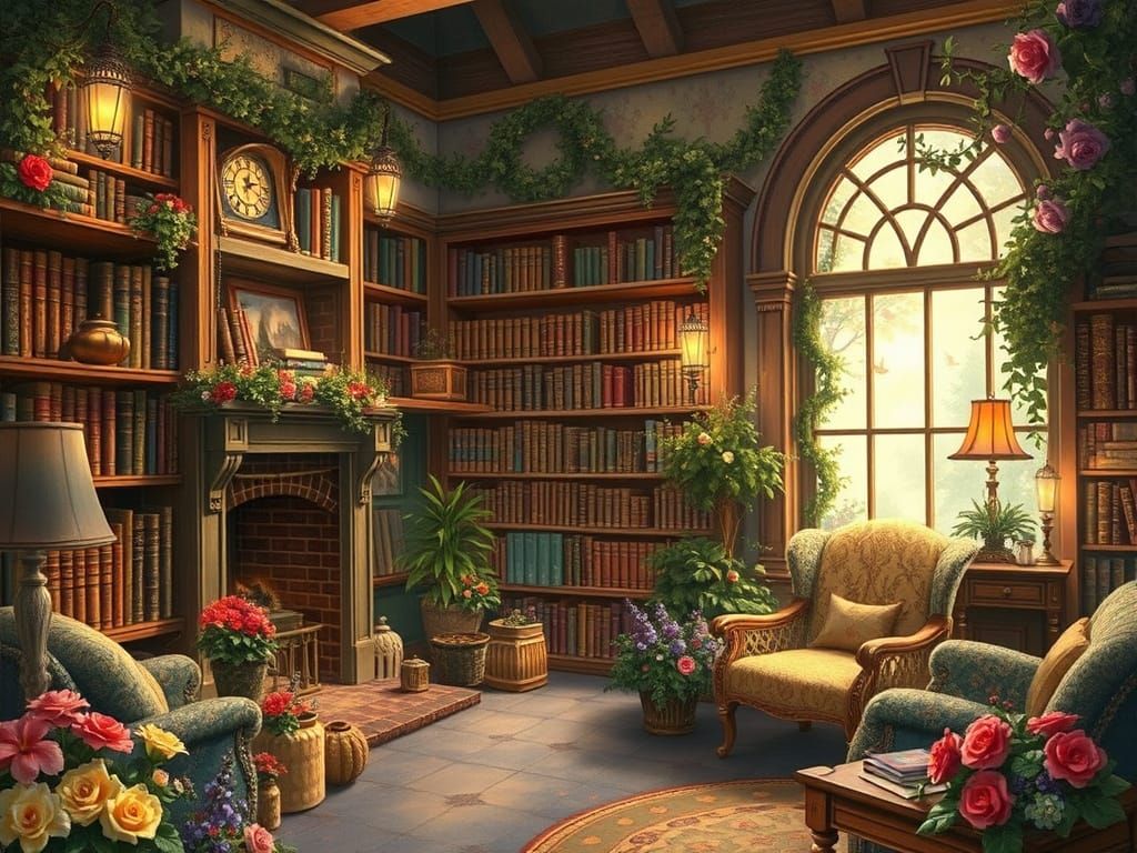Whimsical Library Scene in Romantic Painterly Style
