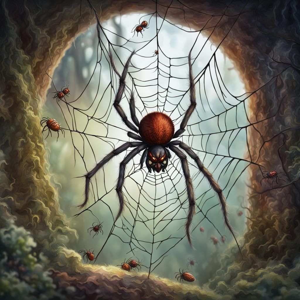 Watercolor Spider Web with Giant Hairy Spider