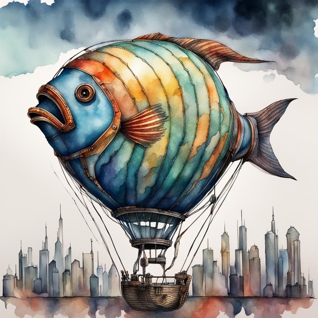 Cyberpunk Fish Balloon Watercolor Illustration