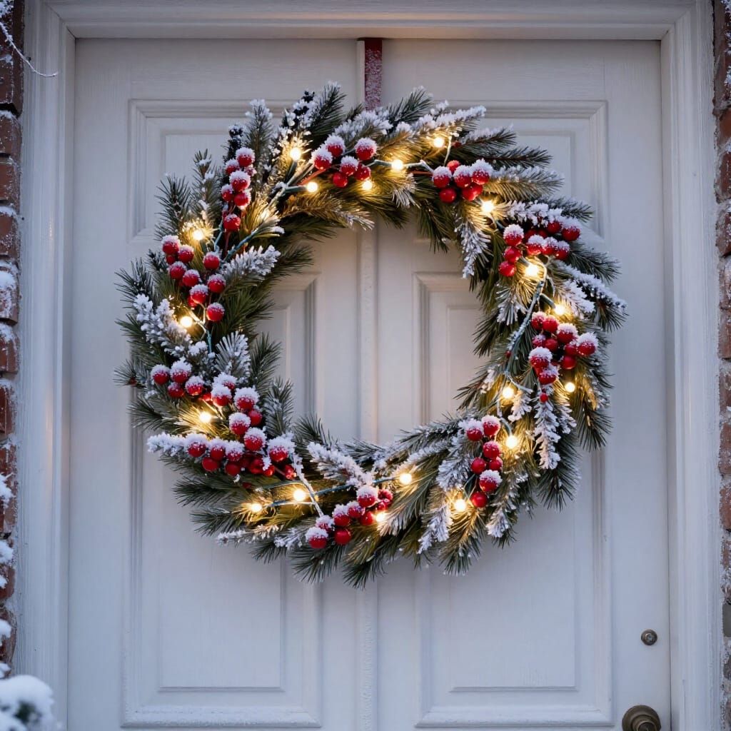Ornate White Door with Frosty Festive Wreath