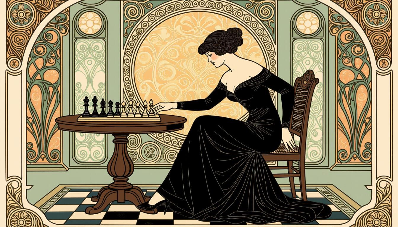 Elegant Woman Playing Chess in Art Nouveau Style