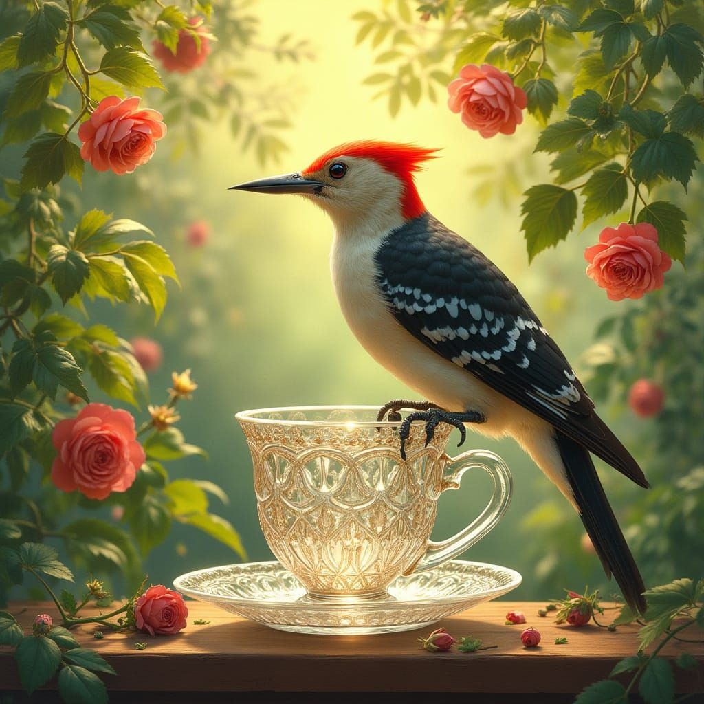 Woodpecker Perched on Glass Cup in Whimsical Nature Scene