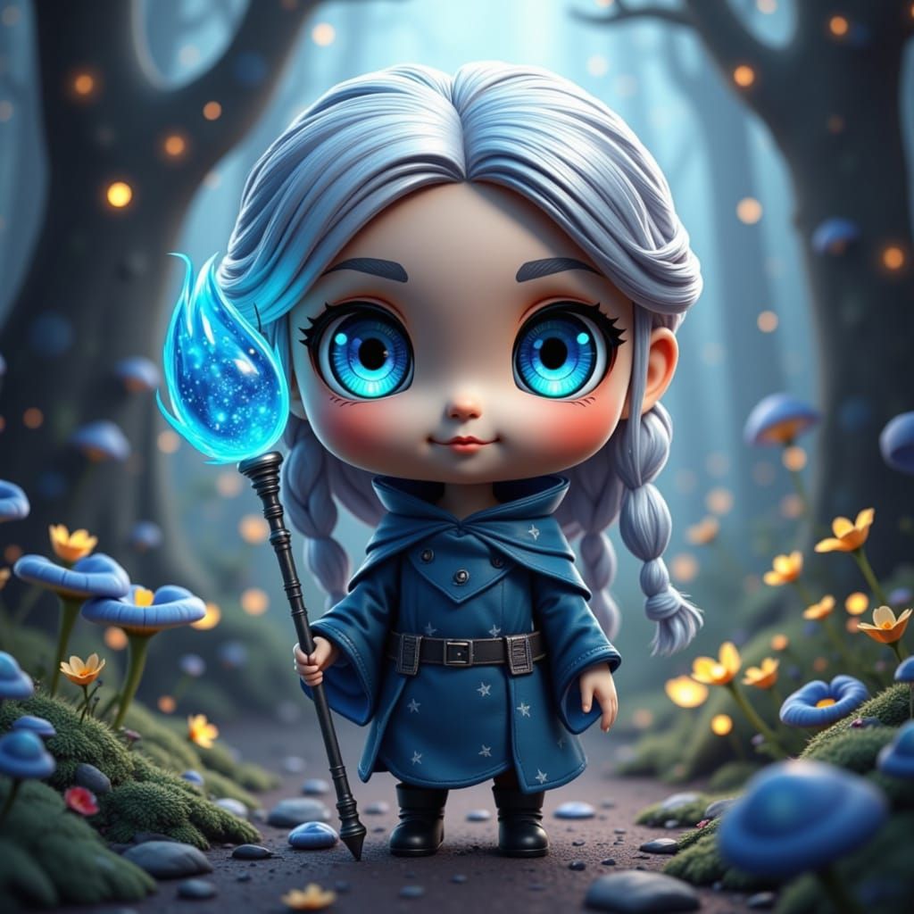 Adorable Chibi Wizard Girl in Mystical Forest