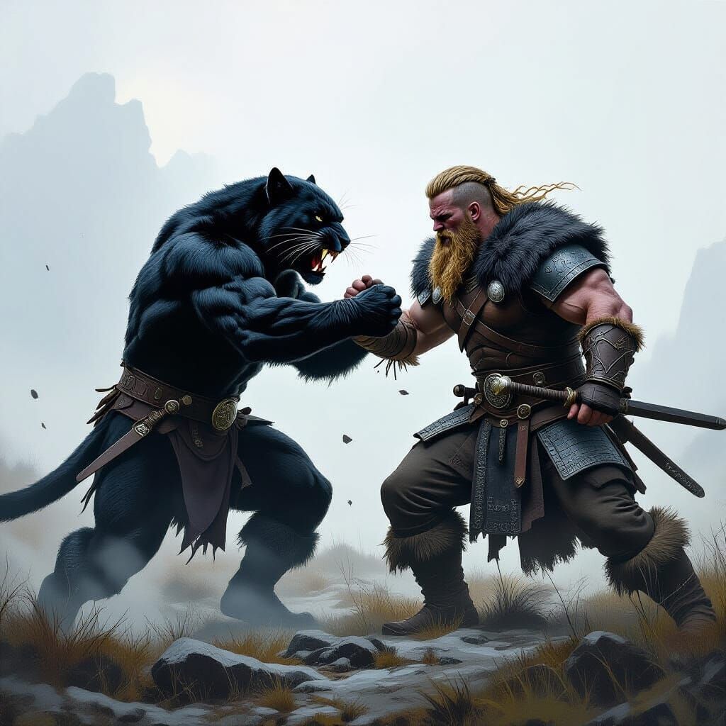 Panther Battles Viking in Nordic Landscape