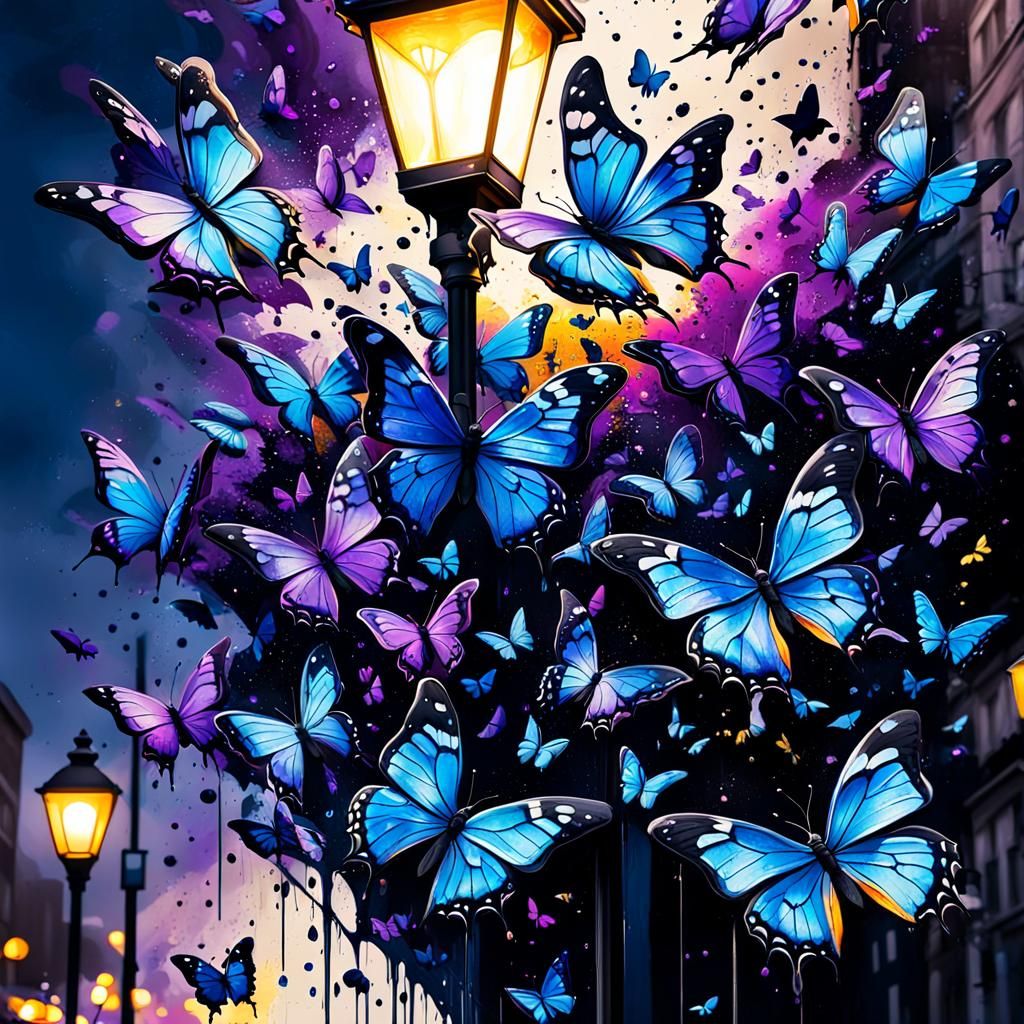 Street Light Surrounded by Vivid Butterflies in Street Art