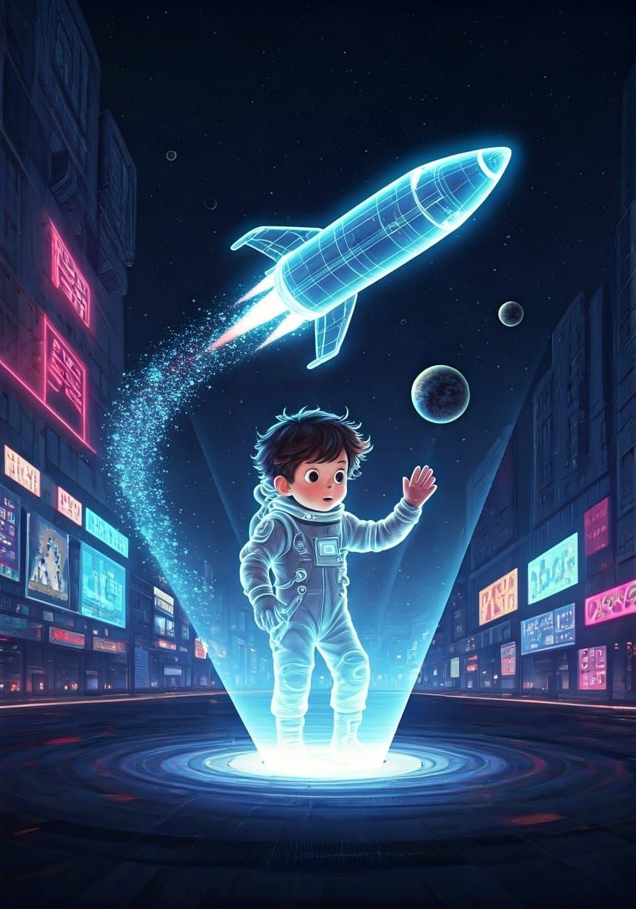 Boy Plays with Holographic Spaceship in Futuristic Cityscape