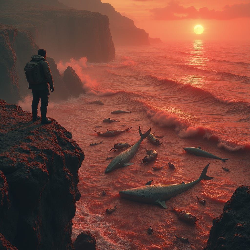 Apocalyptic Red Sea Coastline with Marine Creatures