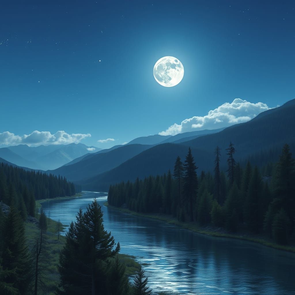 Hyper Realistic Pine Forest Landscape Under Full Moonlight