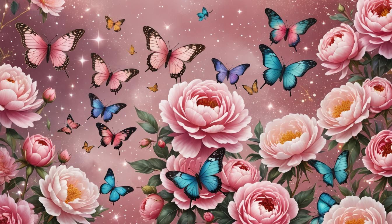 Sparkling Butterflies and Roses on Pink Background