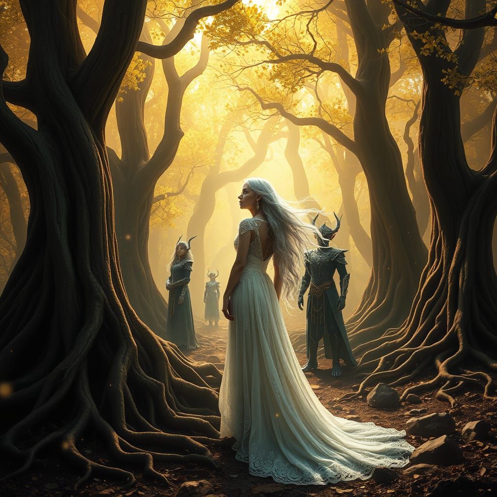 Enchanted Forest with Elves in Golden Light