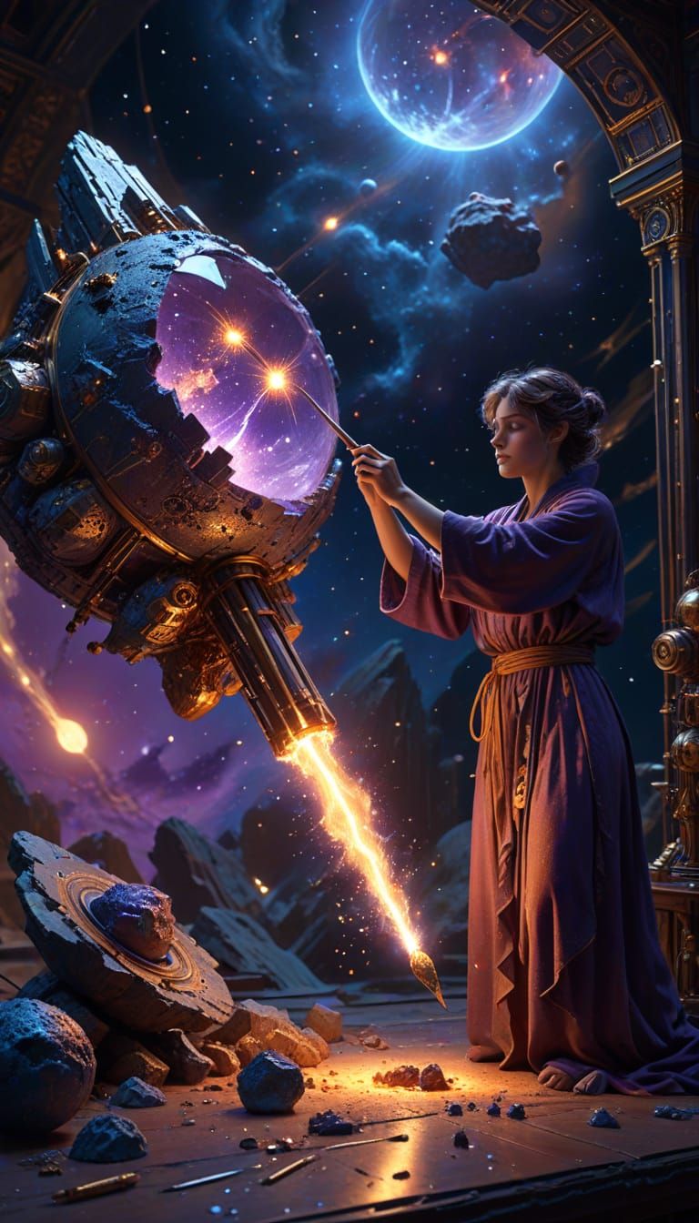 Celestial Sculptor in Zero-Gravity Workshop as Oil Painting