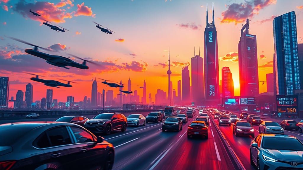 Futuristic Megacity at Sunset with Flying Cars and Hyper-Rea...
