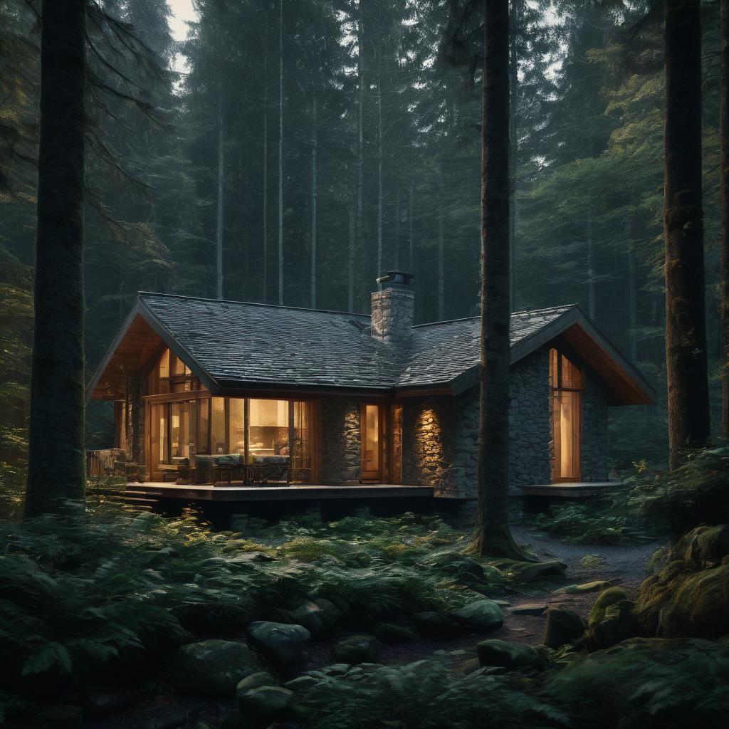 Cabin in Old Growth Forest, Cinematic Film Still
