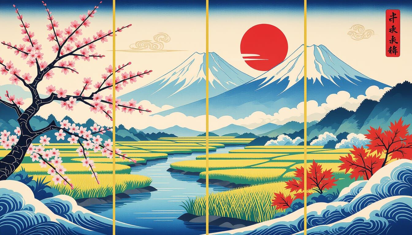 Seasonal Japanese Landscape in Ukiyo-e Style