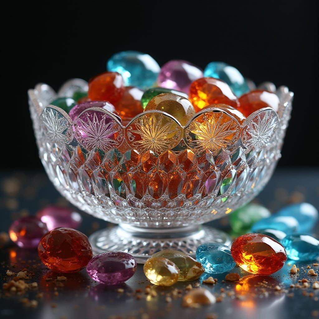 Photorealistic Jewels Spill from Crystal Bowl