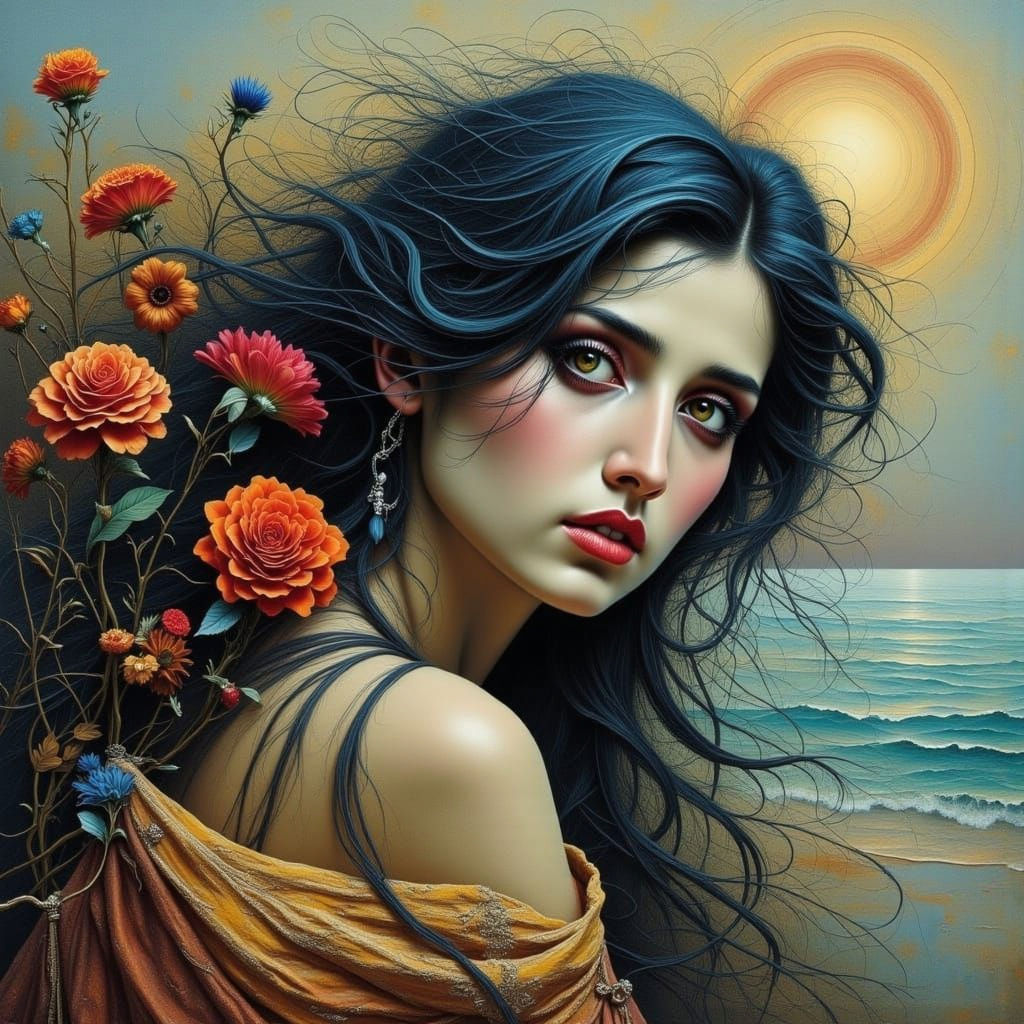 Sorrow at the Beach with Anguish and Seascape