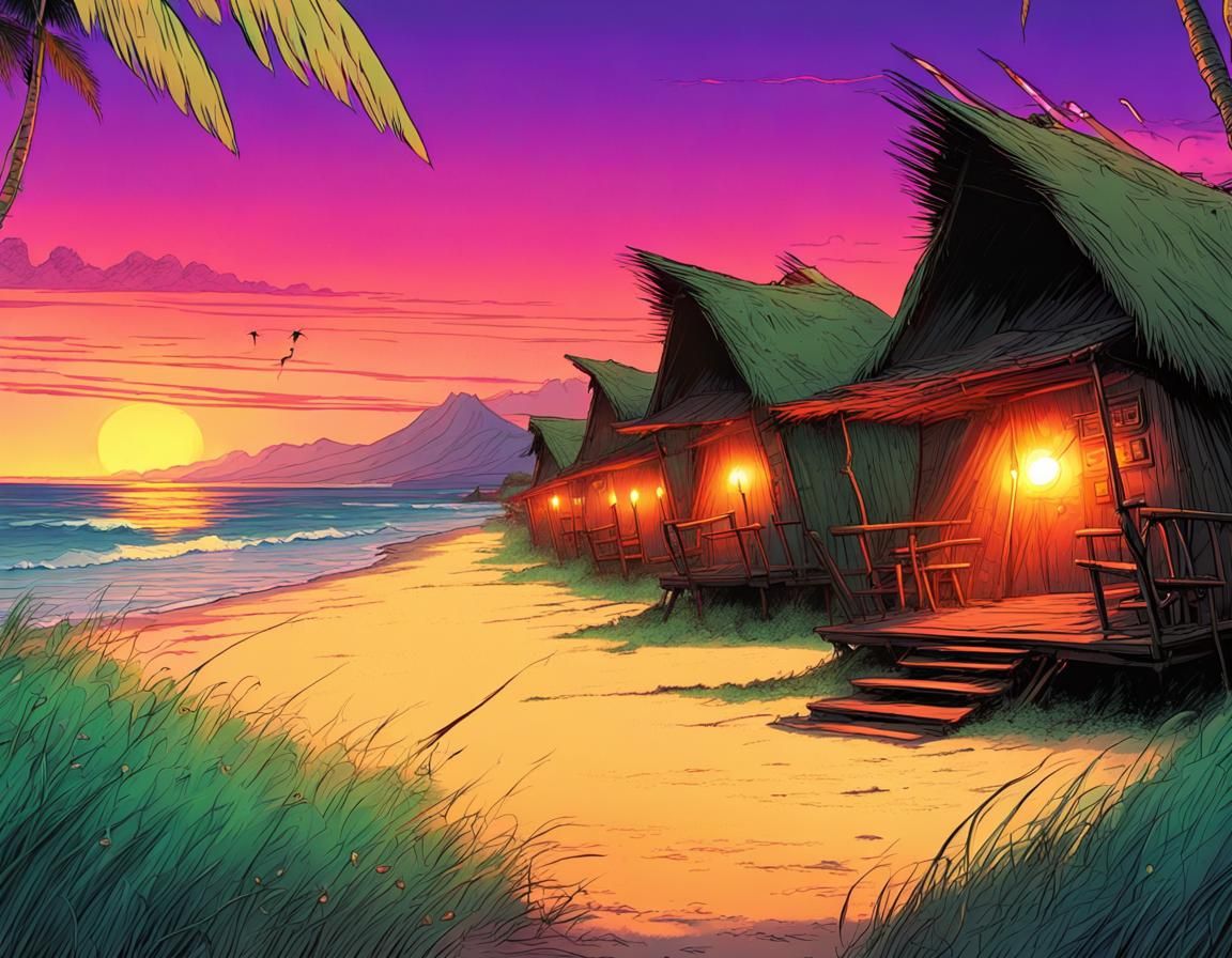 Tropical Beach Huts in Ghibli-esque Fantasy Style
