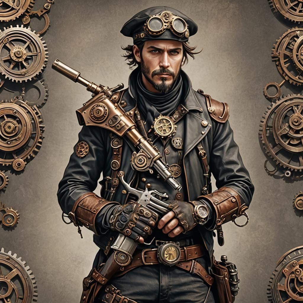 Steampunk Motorcyclist with Pistol and Steampunk Engine