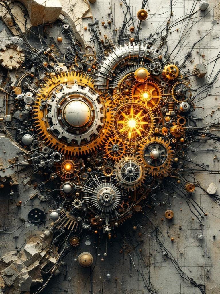 Mechanical Heart in Dystopian Architectural Blueprint