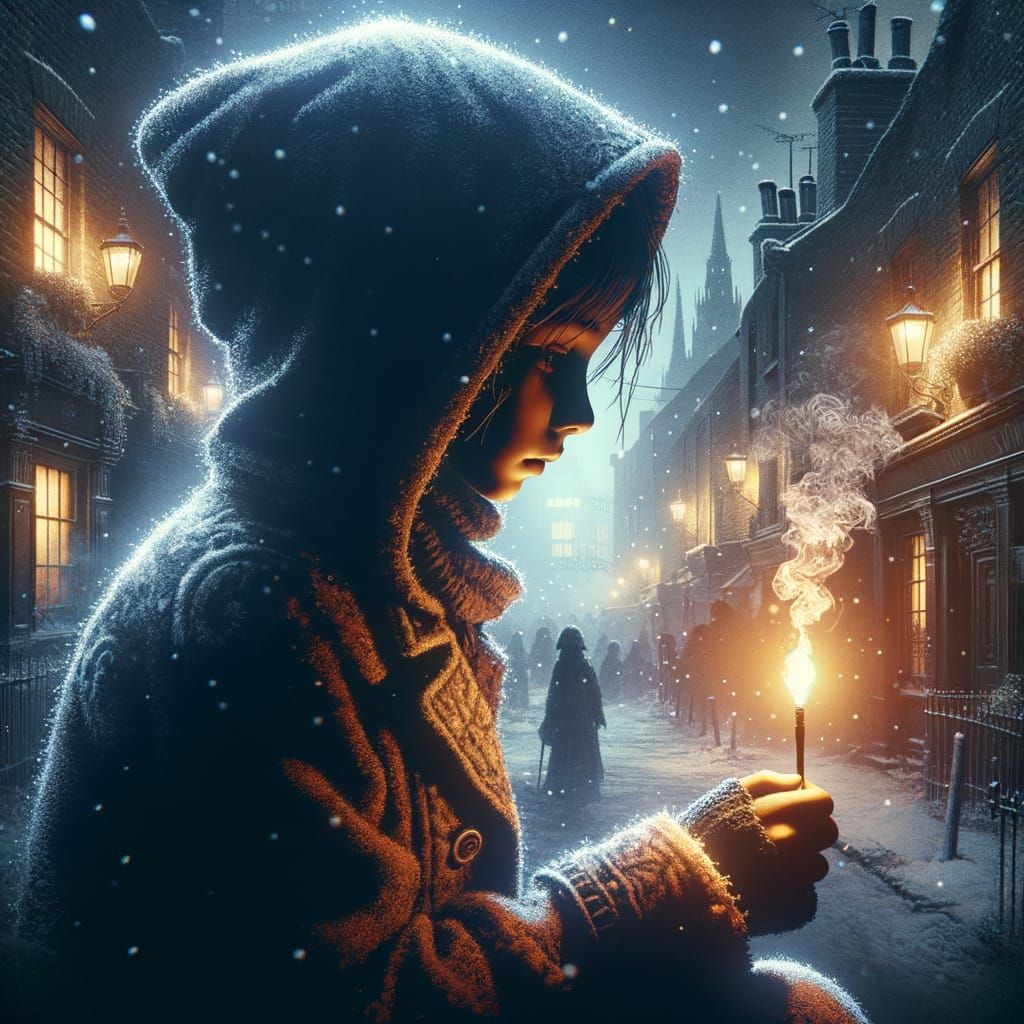 Girl in Rags Holds Tinderstick in Dark Victorian London