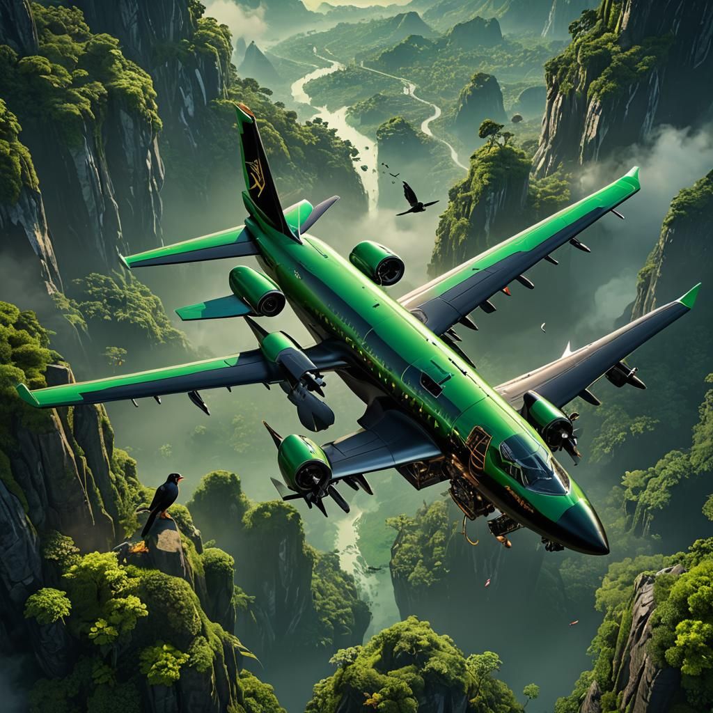 Green and Black Plane with Doctor Bird Tail