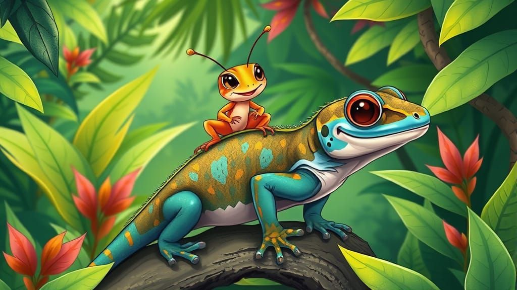 Cricket and Gecko Companions in Lush Jungle