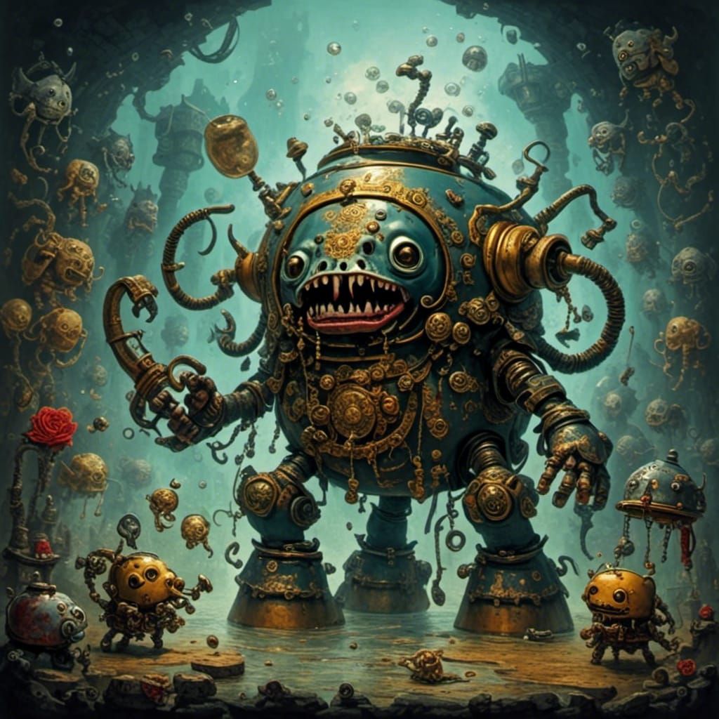 Cyberpunk Elephant Sips Tea Among Techno Undead