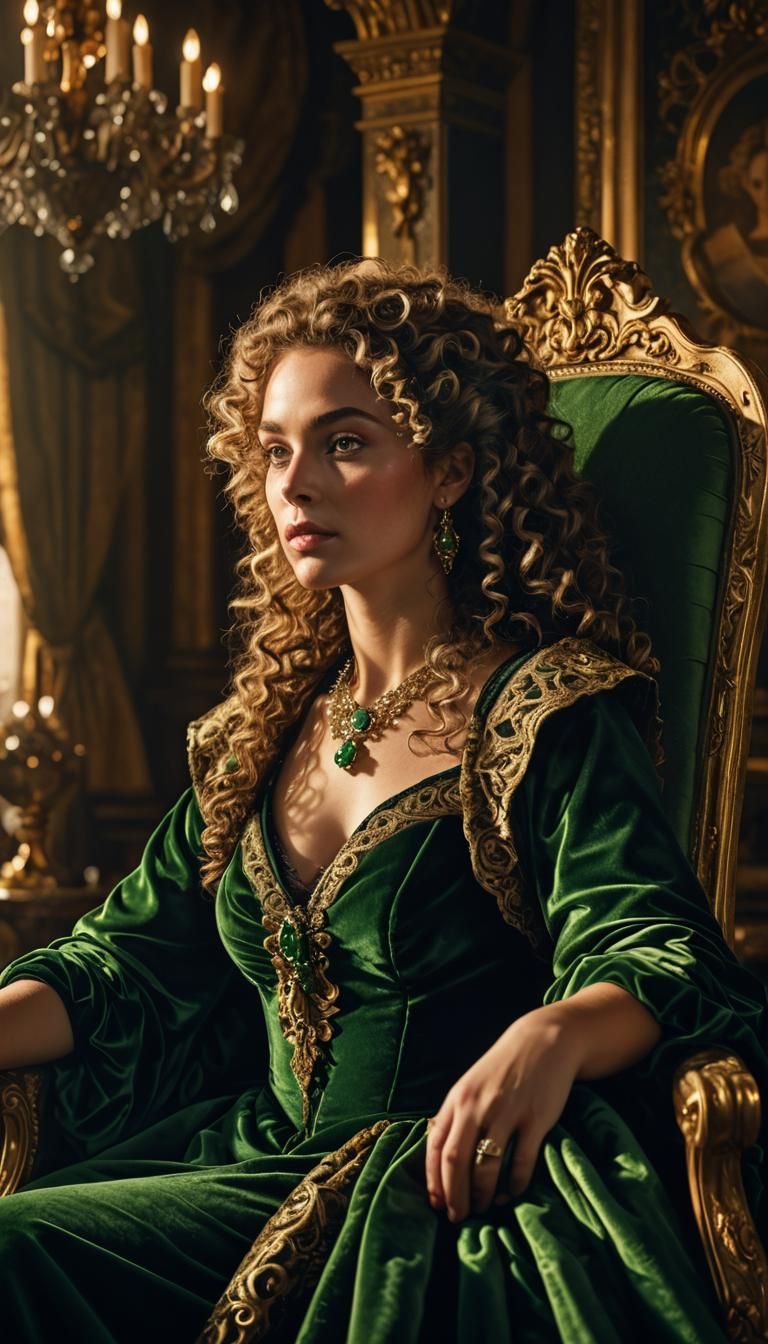 Elegant Woman in Velvet Chair: Baroque Oil Painting