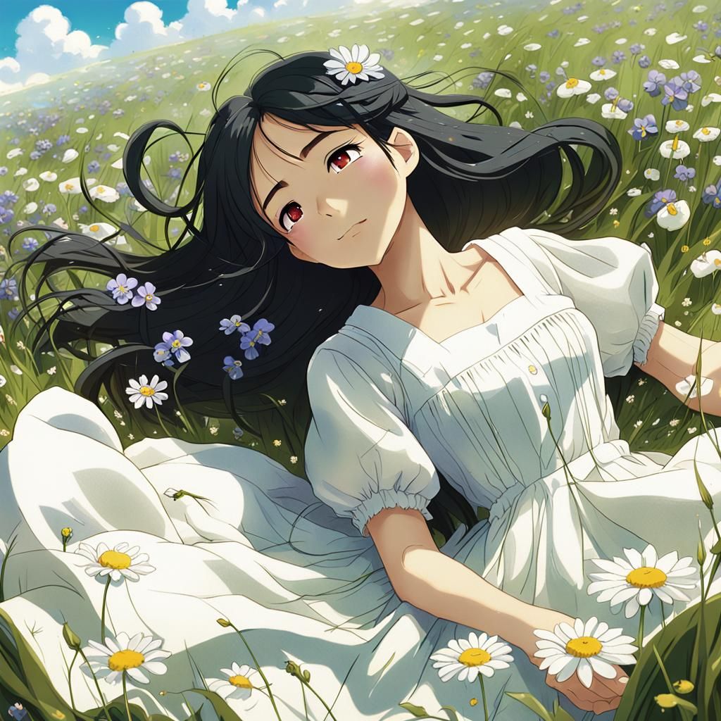 Girl in Flower Meadow, Studio Ghibli Style