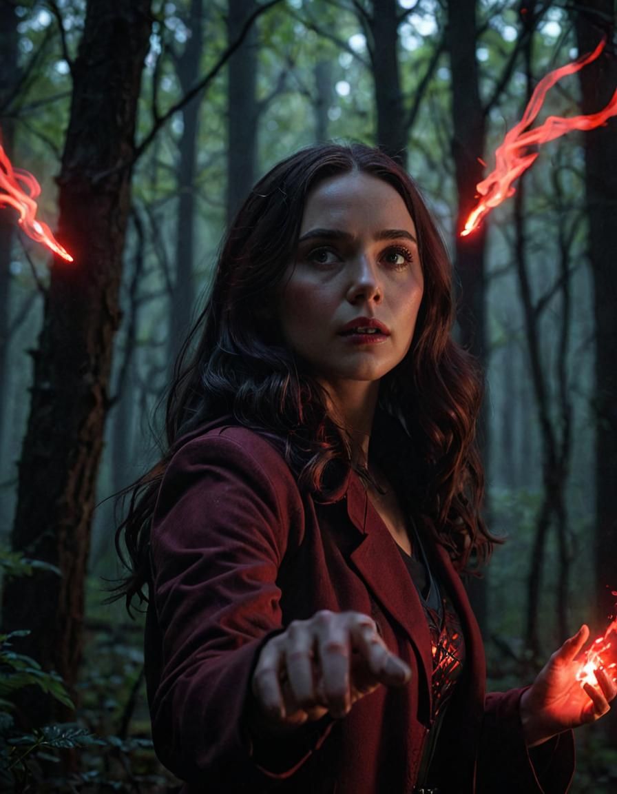 Wanda Maximoff in Mystical Forest with Red Energy