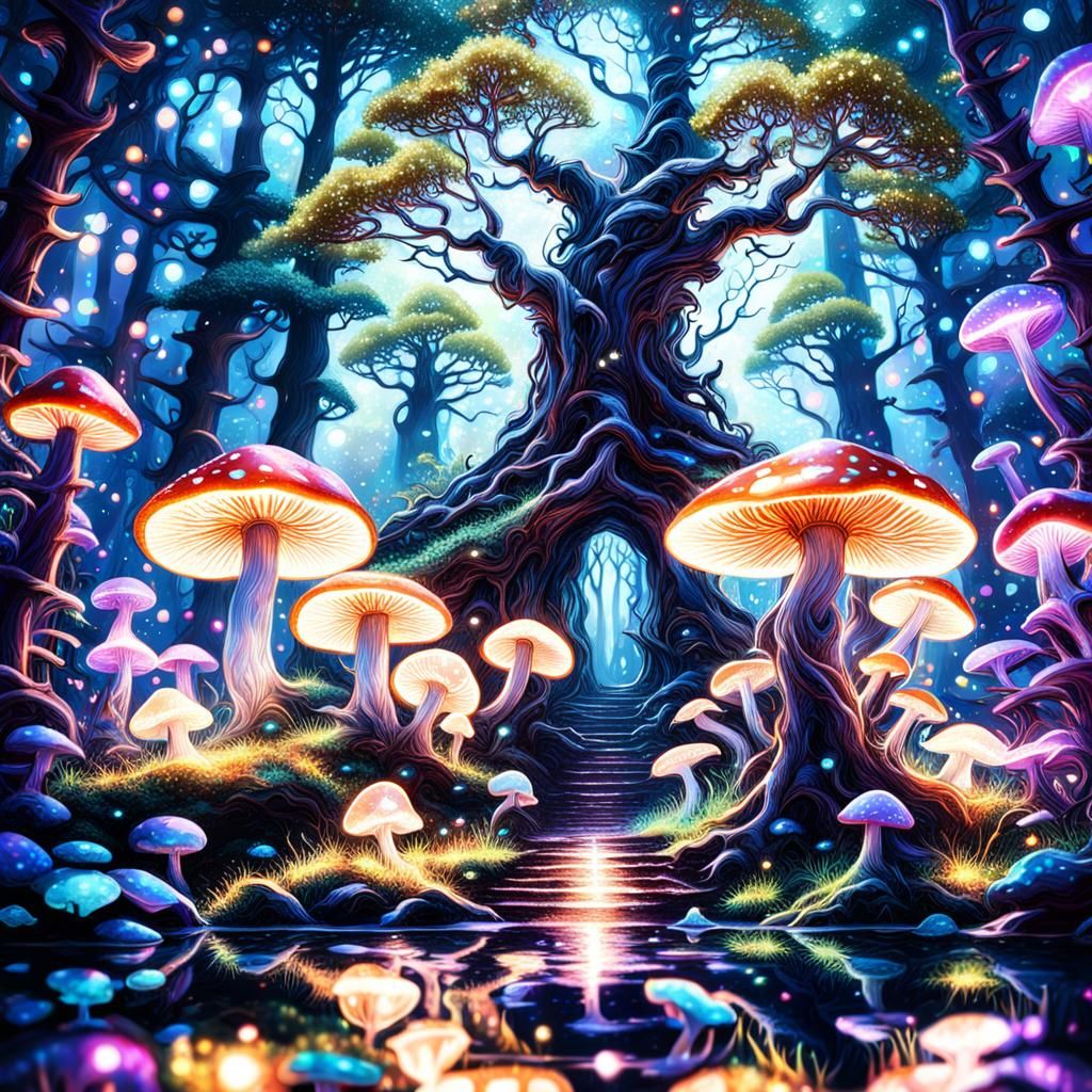 Luminous Mushroom Forest: a Pablo Amaringo-Inspired Fantasy