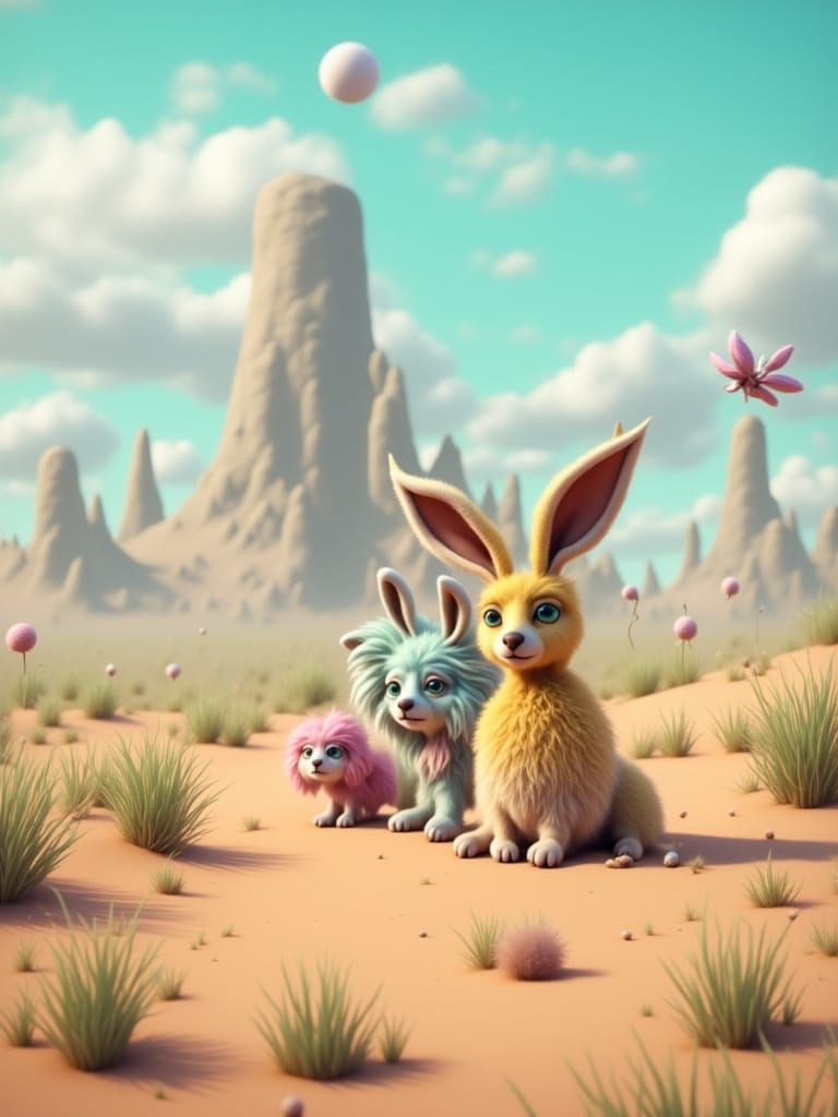 Whimsical Desert Creature Amidst Vibrant Wildflowers