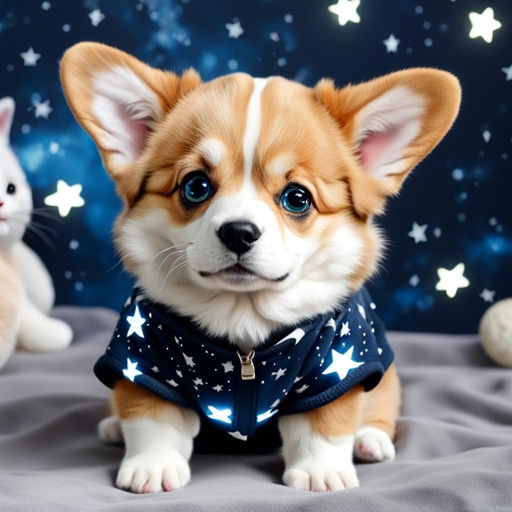 Corgi Puppy in Cat Costume with Starry Eyes