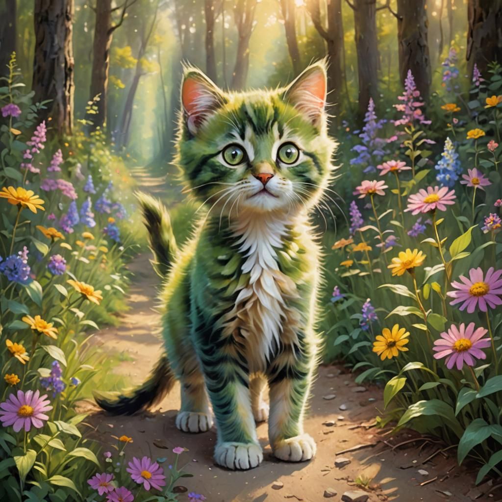 Enchanted Green Kitten in Forest, Kinkade Style