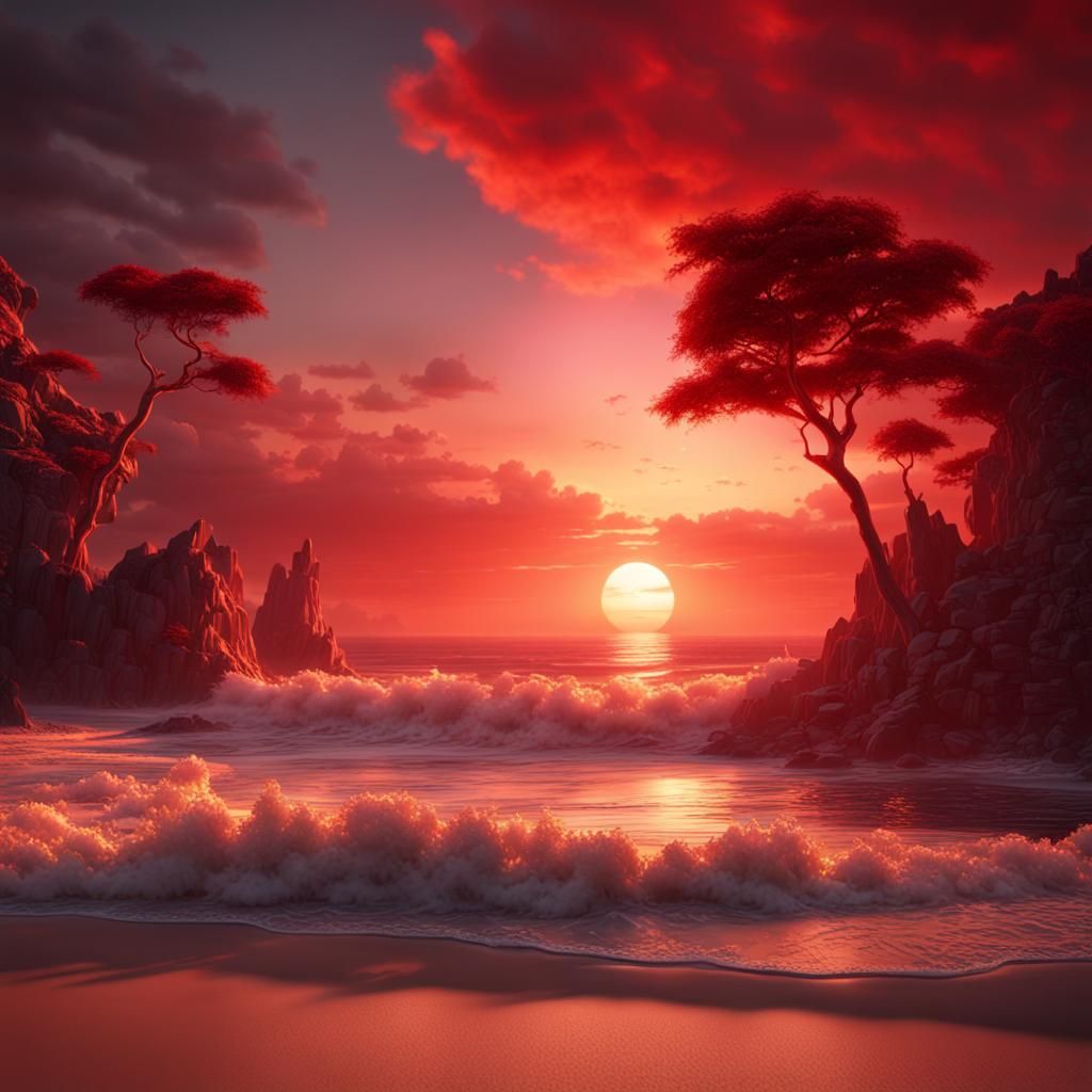 Red Sun Sunset Over a Tranquil Beach