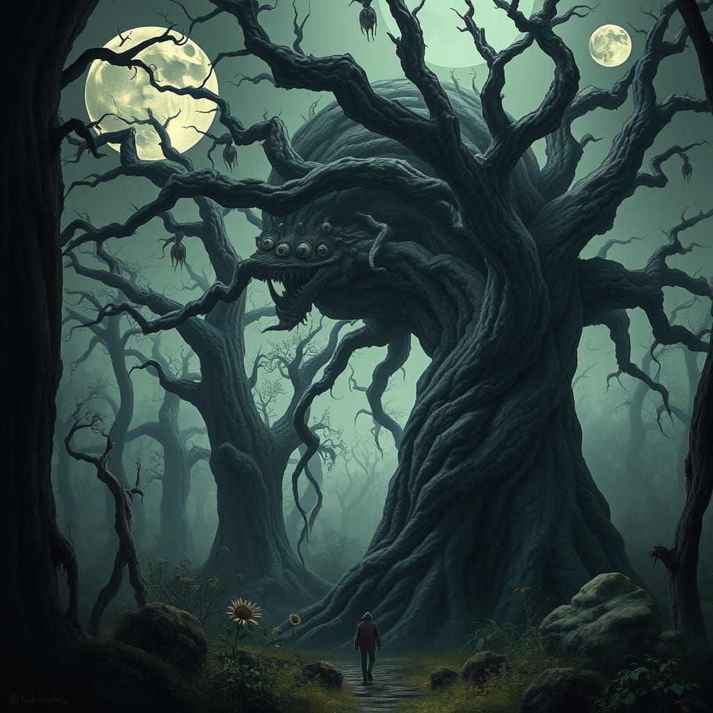 Primordial Woodland of Gnarled Trees Under Two Moons