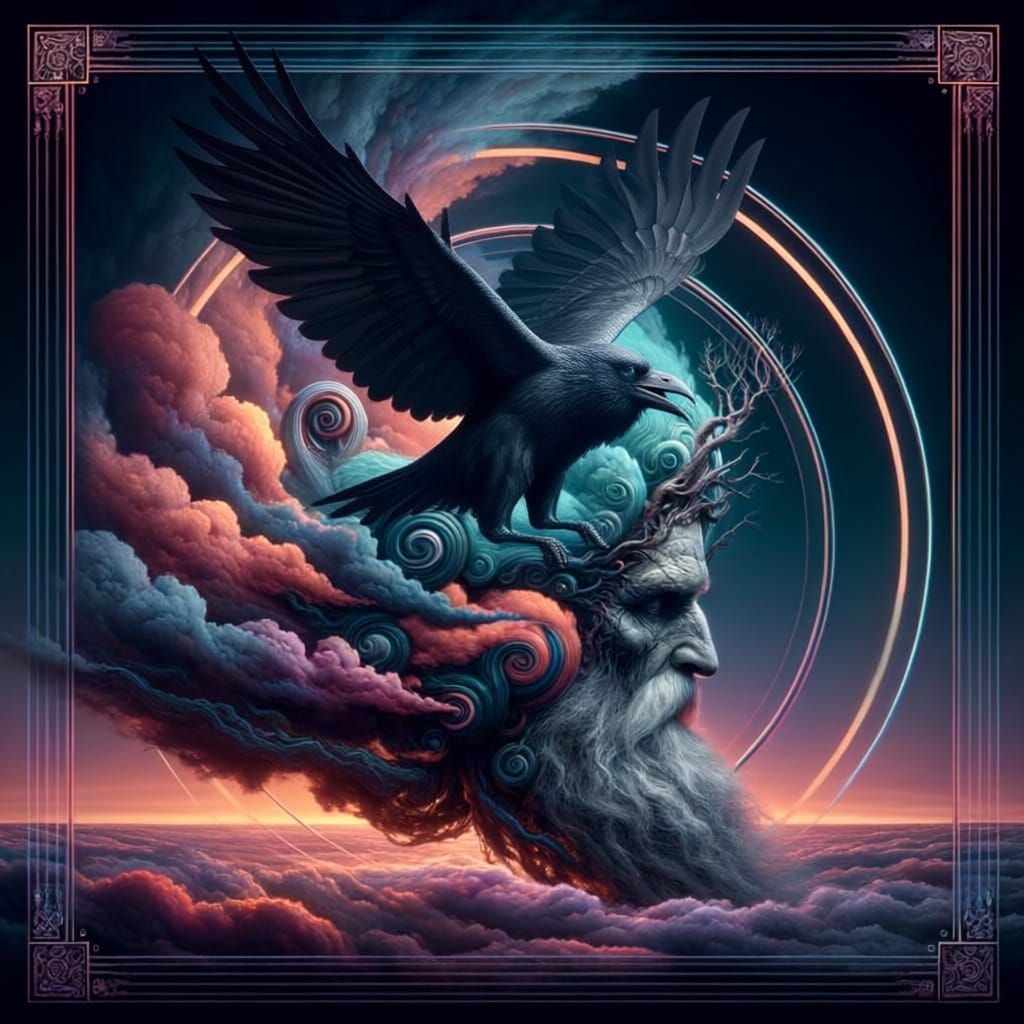 Mystic Old Man With Odin's Raven Hugin in Fantasy Art