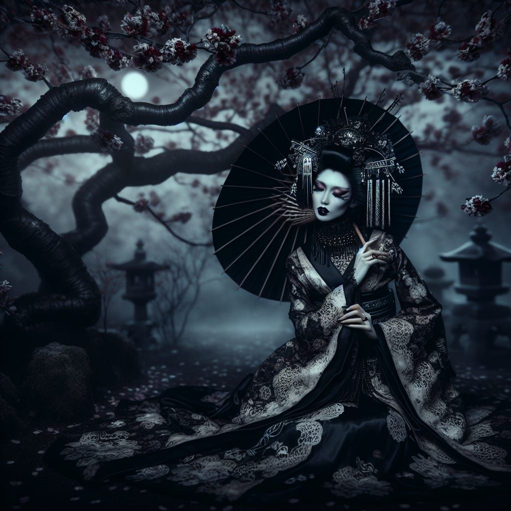 Gothic Geisha Under Dark Cherry Blossom Tree