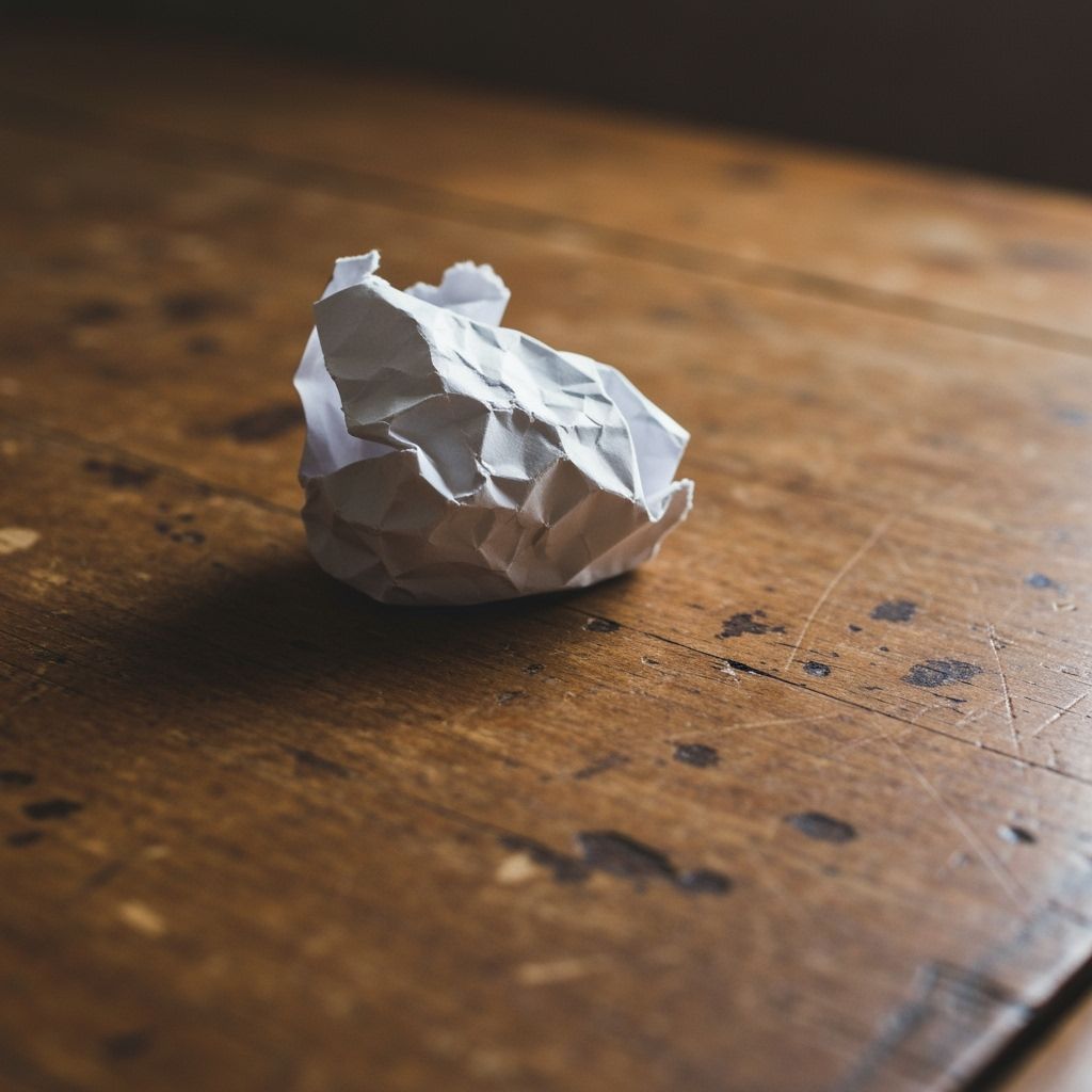 Rustic Wooden Desk with Crumpled Paper