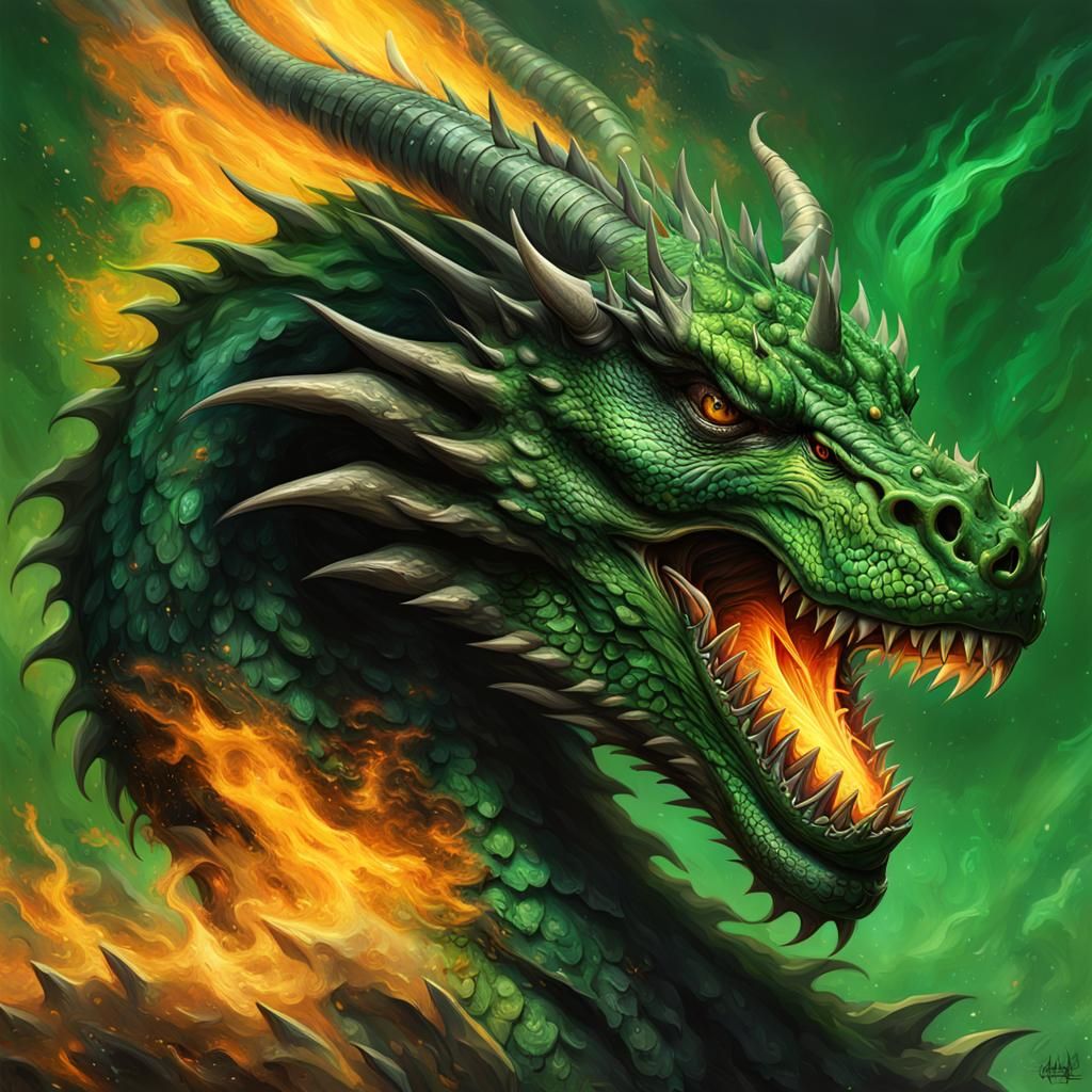 Green and Black Dragon Painting in Fantasy Style