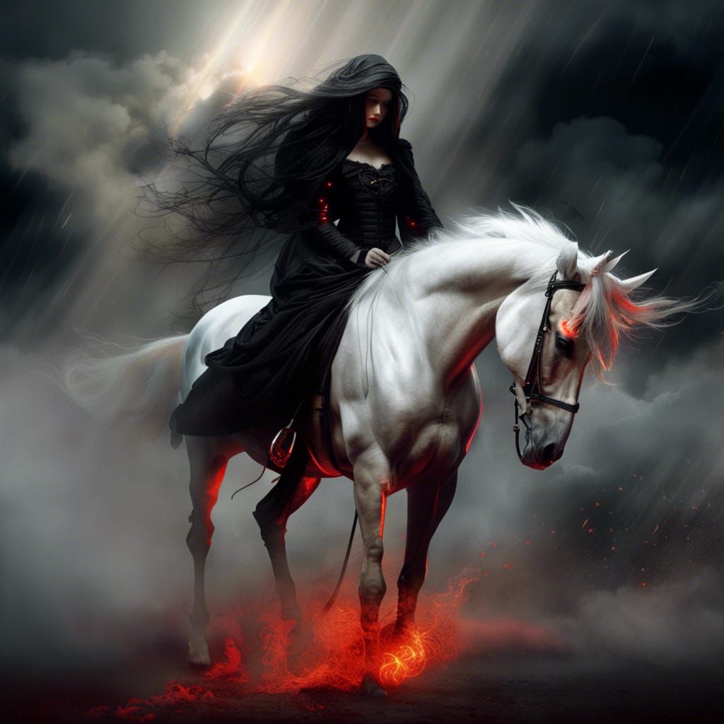 Ghostly Woman Rides Skeletal Horse in Stormy Night