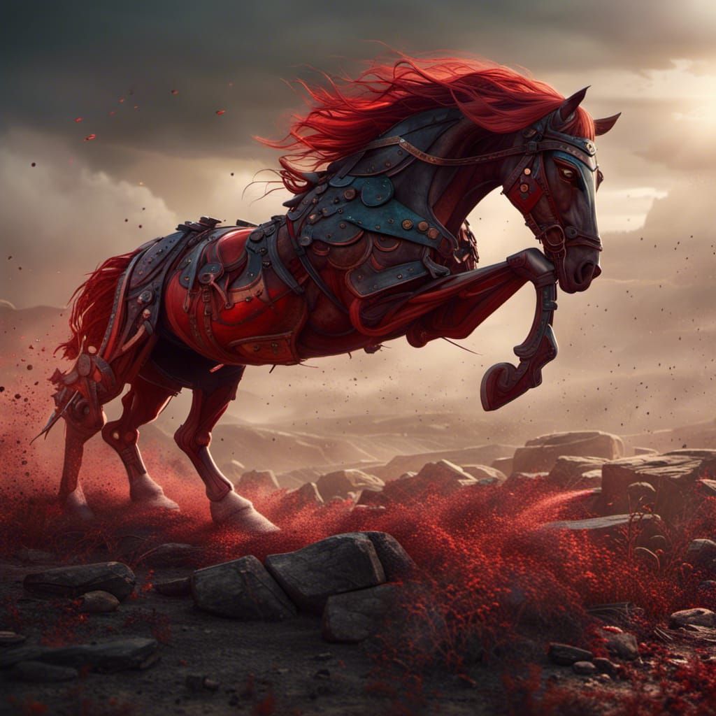 Red Metal War Horse on Battlefield
