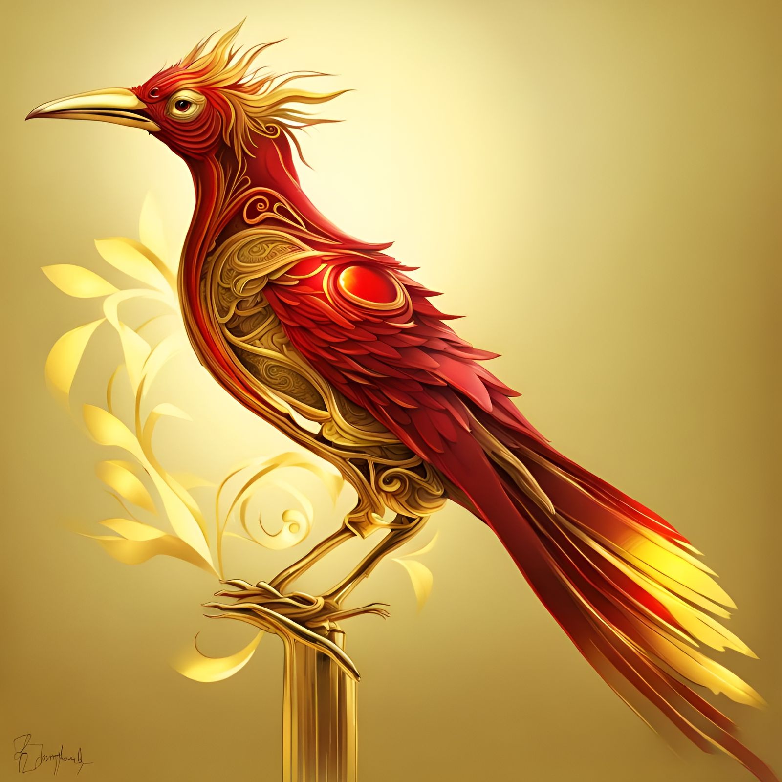 Digital art, red yellow gold, fantasy bird